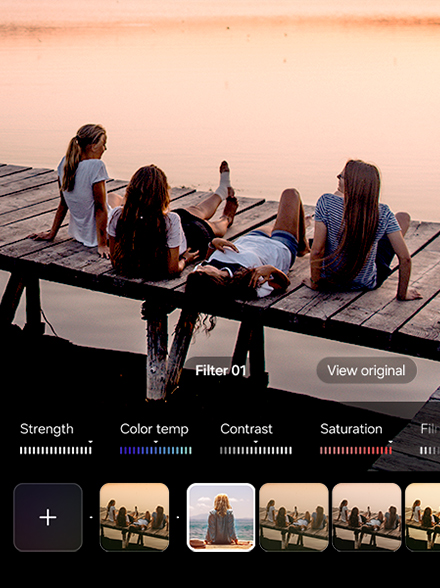 Picture of friends on a dock is being shot with a filter applied. Various custom filters can be applied while shooting.